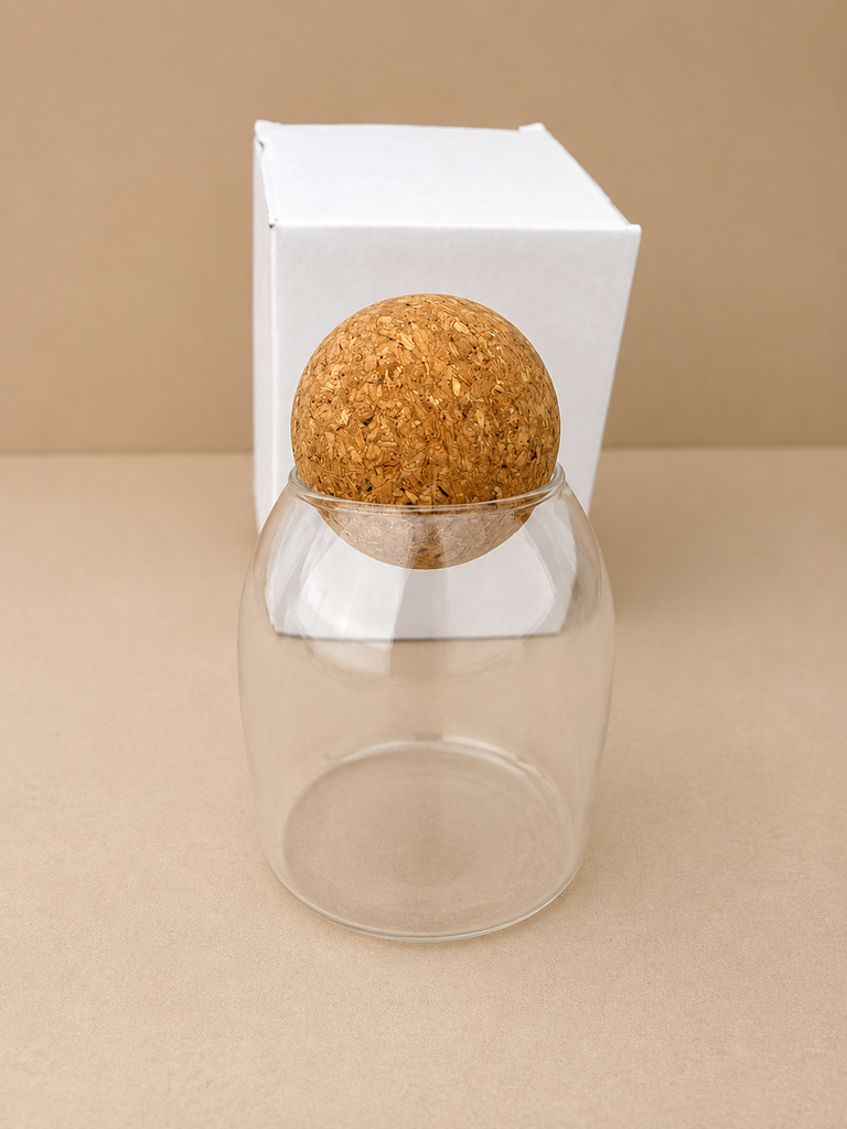 Glass storage jar with cork lid