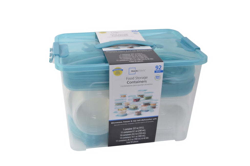 Mainstays 92 Piece Plastic Food Storage Container Set, Clear Containers, Transparent Blue Lids, Assorted Sizes - 46PK